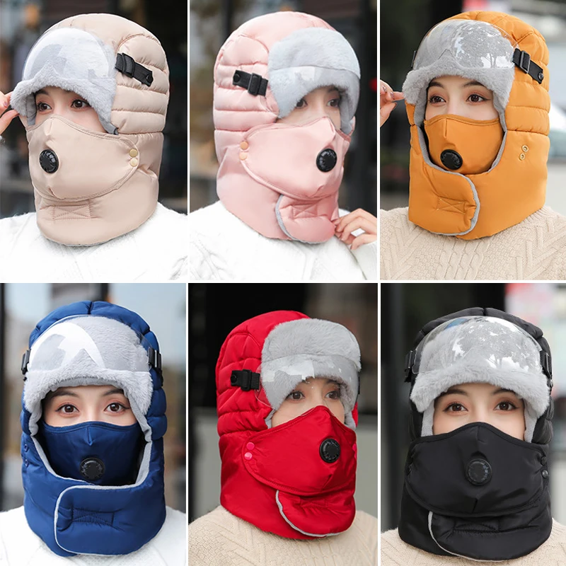 Winter Outdoor Riding Lei Feng Hat Mask Anti Fog Goggle Thicken Warm Waterproof Ski Hat Neck Warmer Balaclava Unisex Bomber Hats