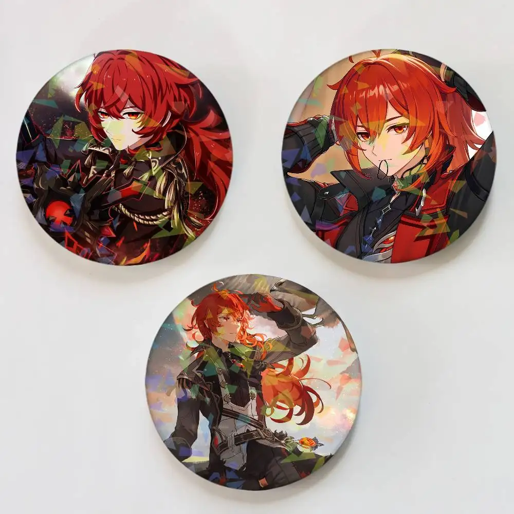 Genshin Impact Diluc Round Exquisite Laser Badge Brooches Creative Pins For Clothes Hat Backpack Gift Accessories