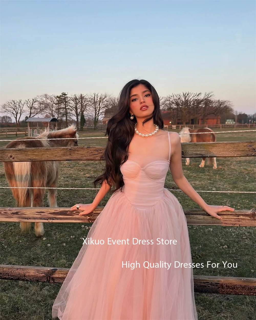 Xikuo Elegant Tulle Evening Dresses Women Fairy A Line Spaghetti Strap Vestidos De Gala Sleeveless Party Prom Gowns Customized