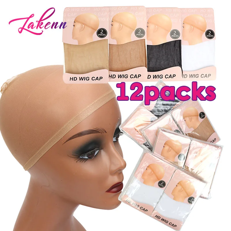 HD Wig Cap 12Packs Ultra Thin Transparent Wig Cap For Lace Front Wig Stretchy Nylon Stocking Wig Caps For Women - 4 Colors