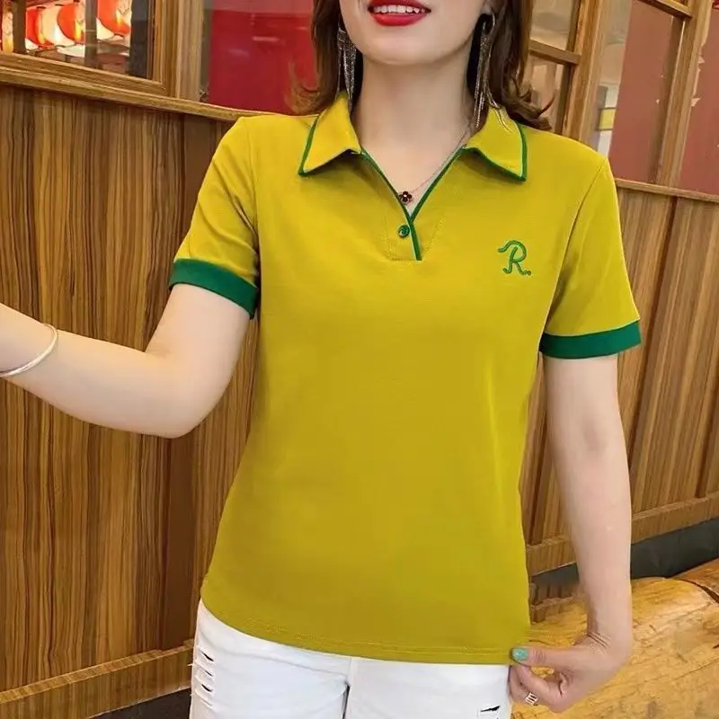 New Women Summer Contrast Color Letter Polo Shirts Female Casual Short Sleeve Tees Fashion Sports Joggers Tops Y2K Ropa De Mujer