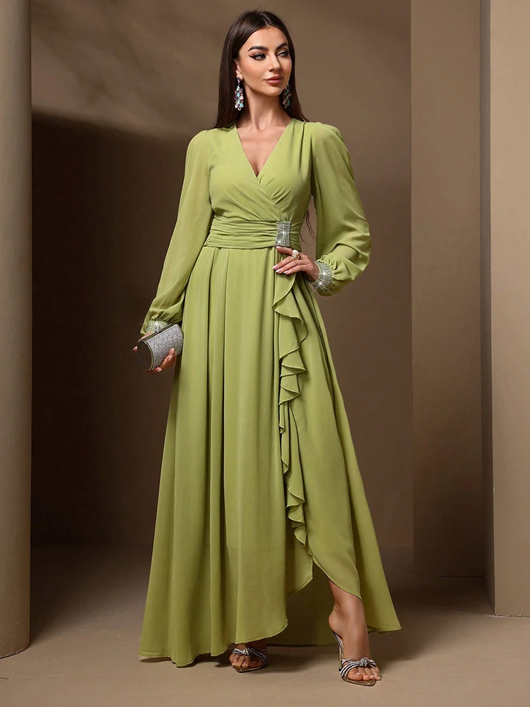 

TOLEEN 2024 New Women's Spring/Summer Long Sleeve Draped Ruffle Luxury Elegant Formal Maxi Dress With Rhinestone Embellishment