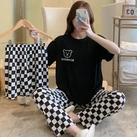 3Pcs/Set Sexy Pajamas Women's Short Sleeve Cartoon Bear Girls Student Pajamas Homewear Round Neck Letter Plaid Ladies Solid Colo