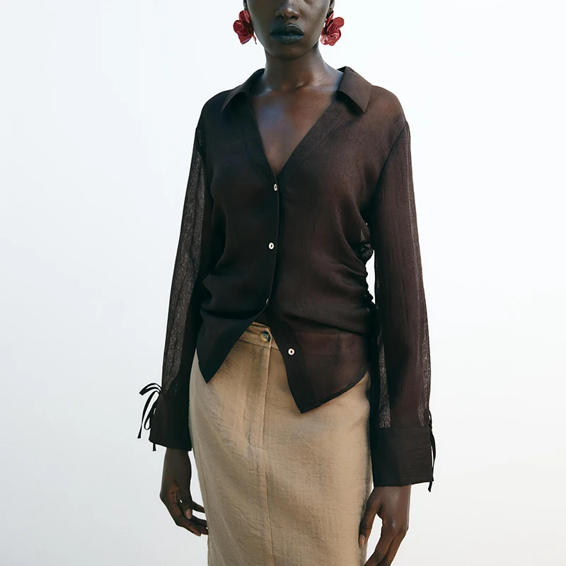 Przezroczysta długa sukienka damska z dekoltem w kształcie litery V, ozdobiona węzłem, do pracy, o prostym kroju, jednolita, wykonana w 100% z włókna poliestrowego.