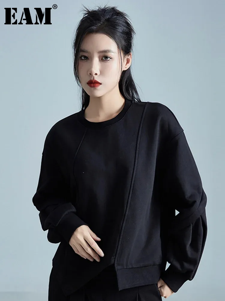 [EAM] Loose Fit Black Irregular Sweatshirt New Round Neck Long Sleeve Women Big Size Fashion Tide Spring Autumn 2024 1DH1988