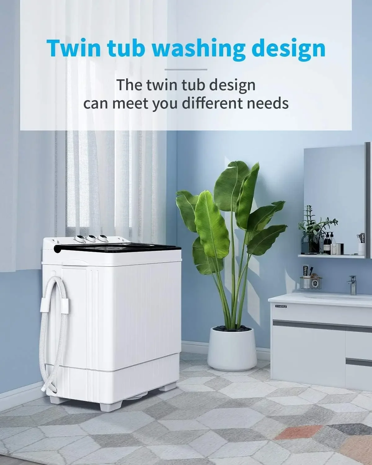 26lbs Compact Twin Tub Portable Washing Machine, Mini Washer(18lbs) & Spiner(8lbs) / Built-in Drain Pump/Semi-Automatic for Camp