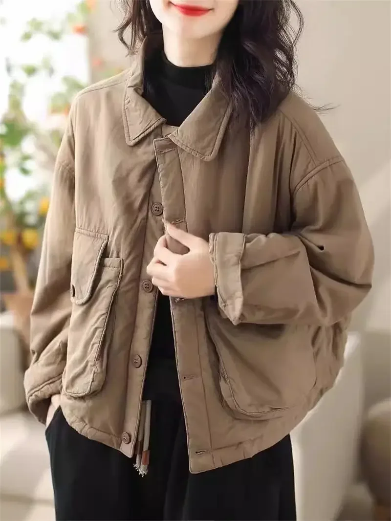 Cotton Padded And Thickened Large Pocket Shirt Coat 2024 Autumn Winter Loose Fitting Simple Short Women's Quilted Jacket K383