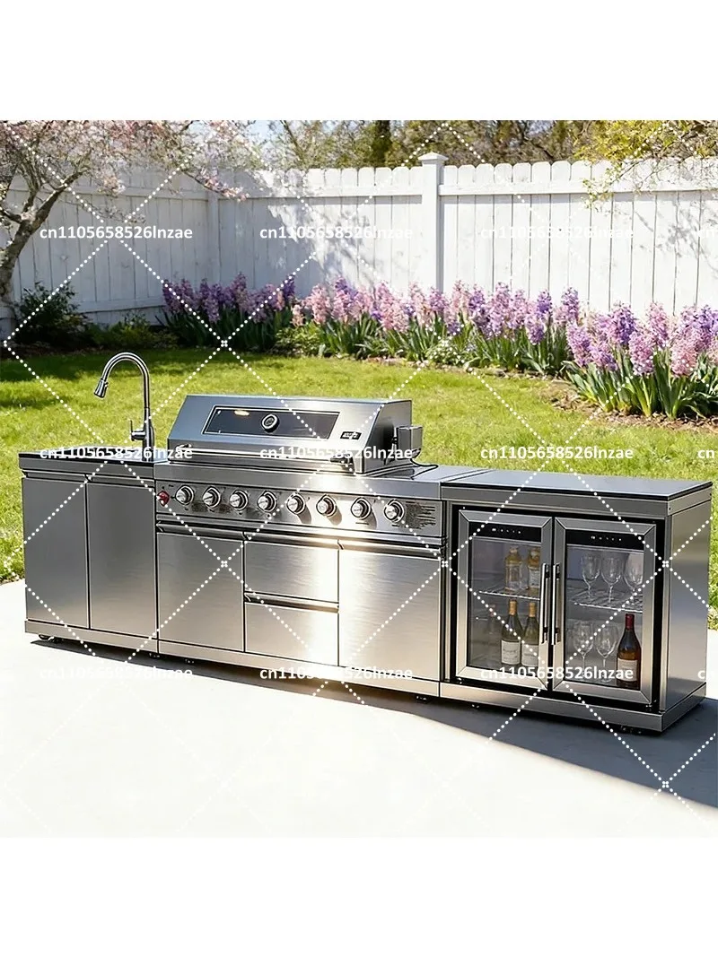 Outdoor Kitchen Cabinet Stainless Steel BBQ Grill with Cooktop Sink Fridge LED Patio Garden