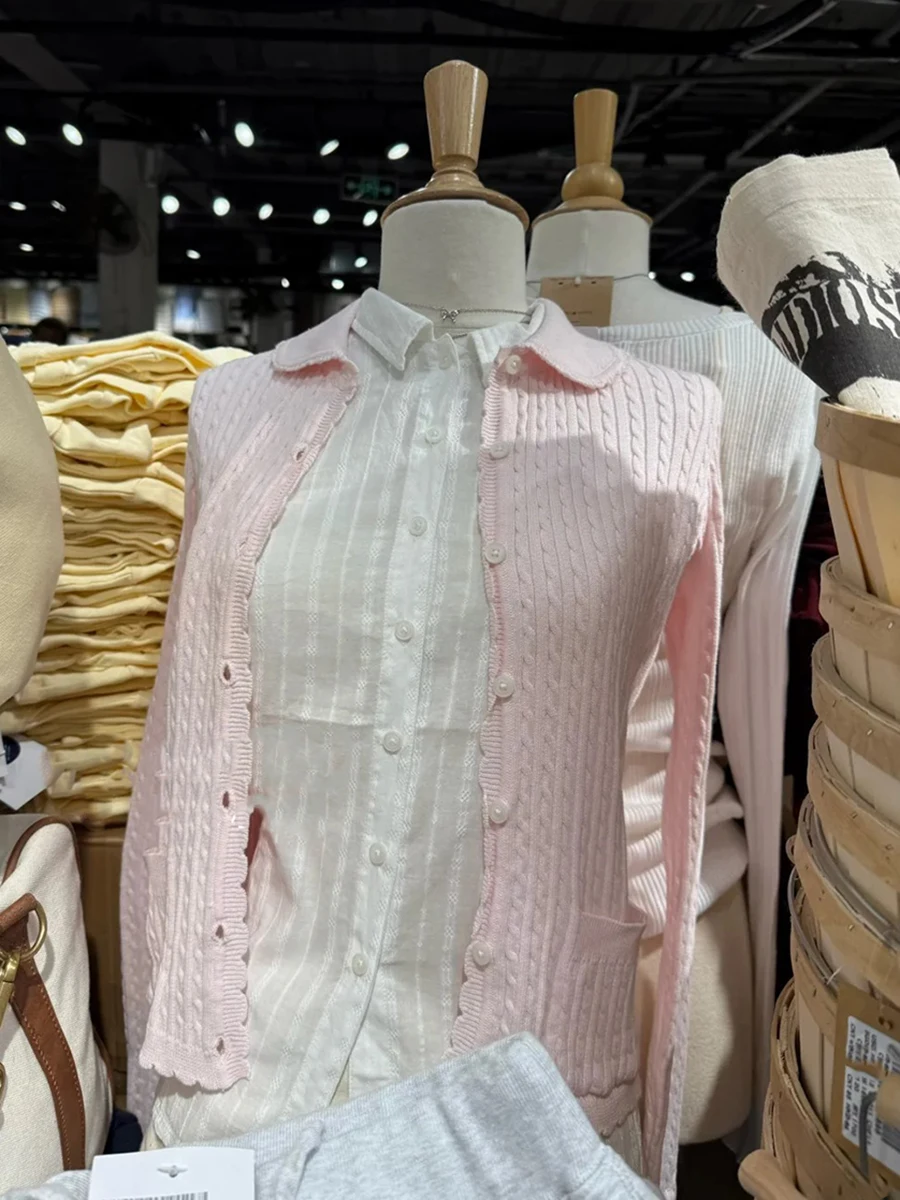 

Женский розовый вязаный свитер с длинными рукавами, кардиган, осенний однотонный однобортный свитер с цветочным принтом, новые милые тонкие трикотажные топы