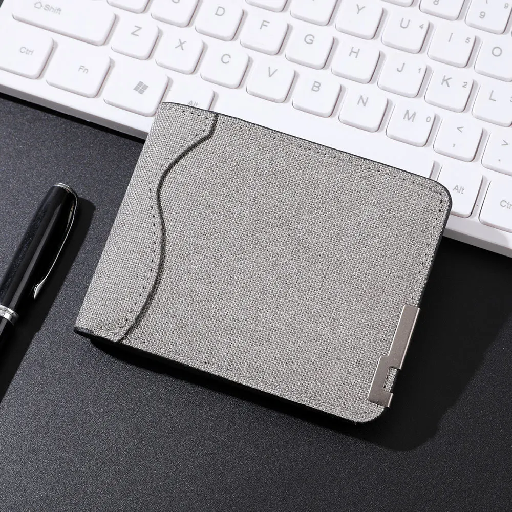 Men\'s And Women\'s Slim Fit Double Fold Canvas Wallet With Metal Decoration, Casual Denim Style Cash And Card Wallet