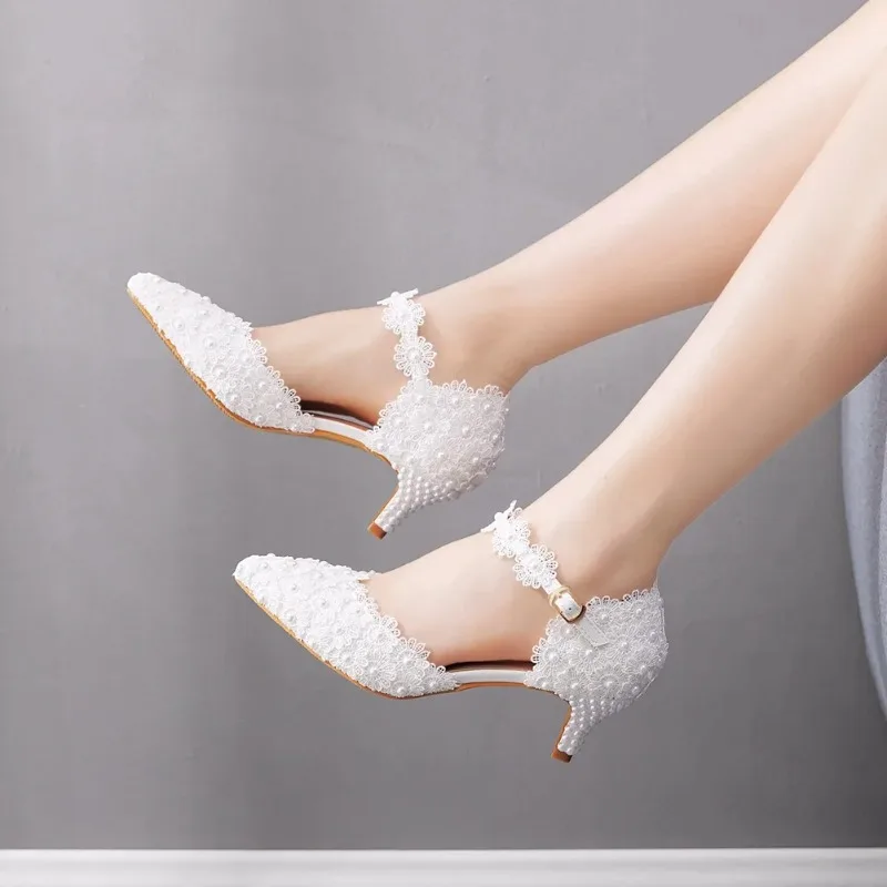 High Heel Women Sandals Summer Buckle Strap Pumps Wedding Lace Pearl PU 5.5CM Thin Heels Pointed Toe Dress Woman Shoes White