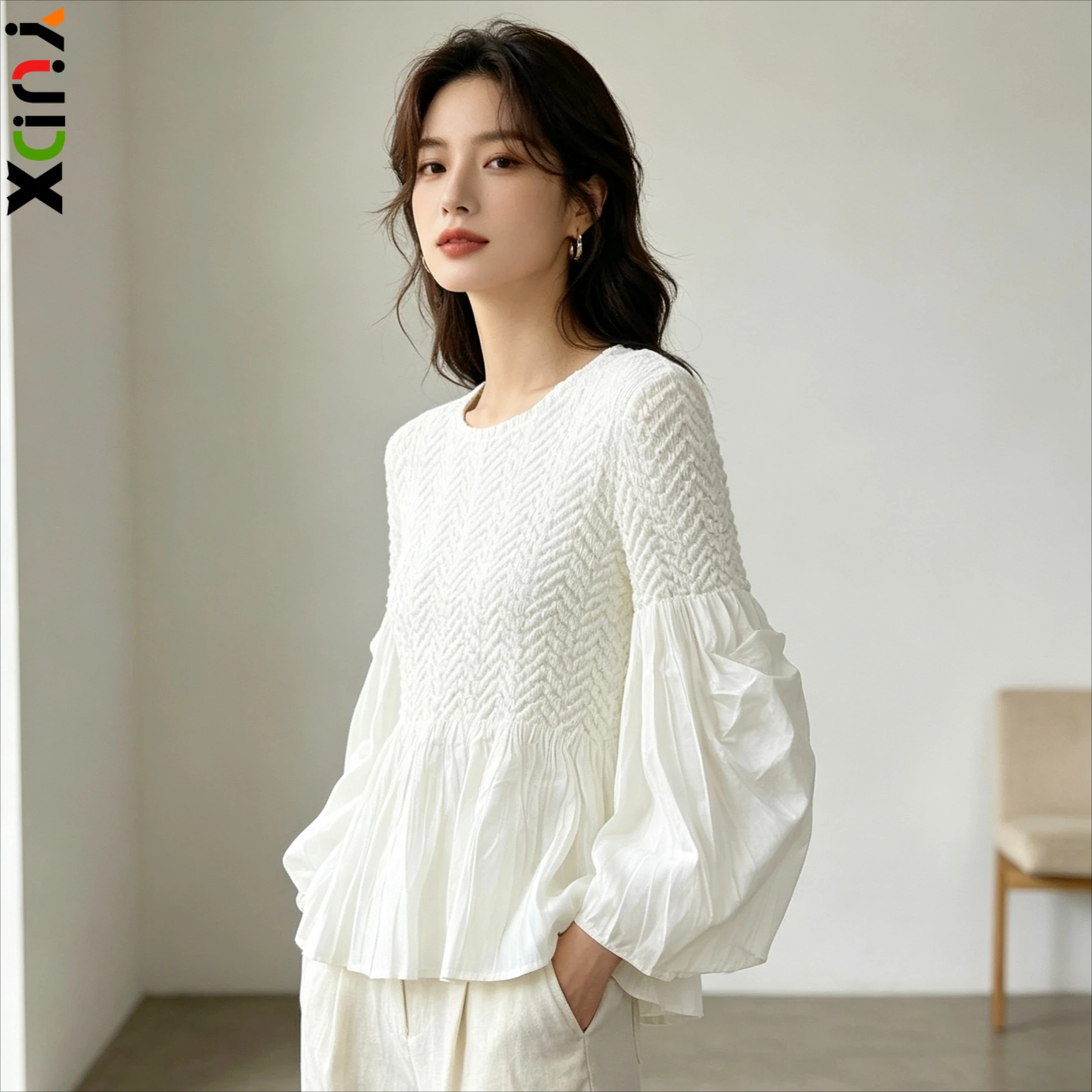YUDX Miyake Pleated Women Textured Ruched Bell Sleeve Blouse Loose Fit Solid Color Casual Daily Wear Breathable Top New Arrival