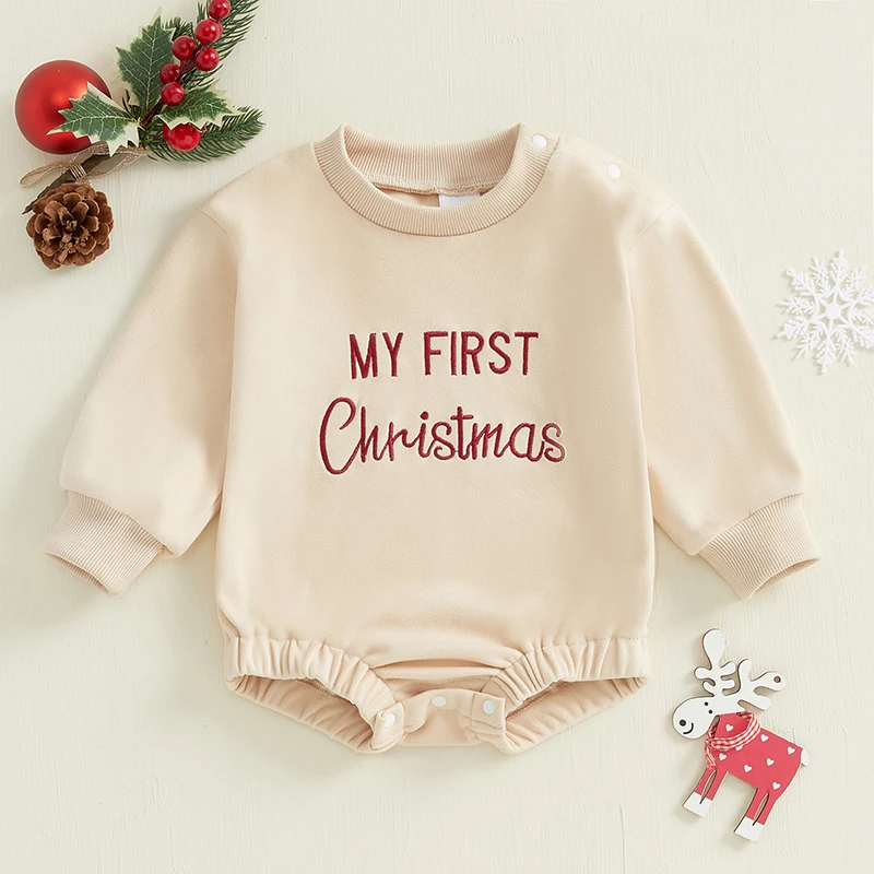 Baby Girls Boys Sweatshirts Rompers Christmas Clothes Letter Pattern Long Sleeve Toddler Fall Bodysuits for 0-12 Months