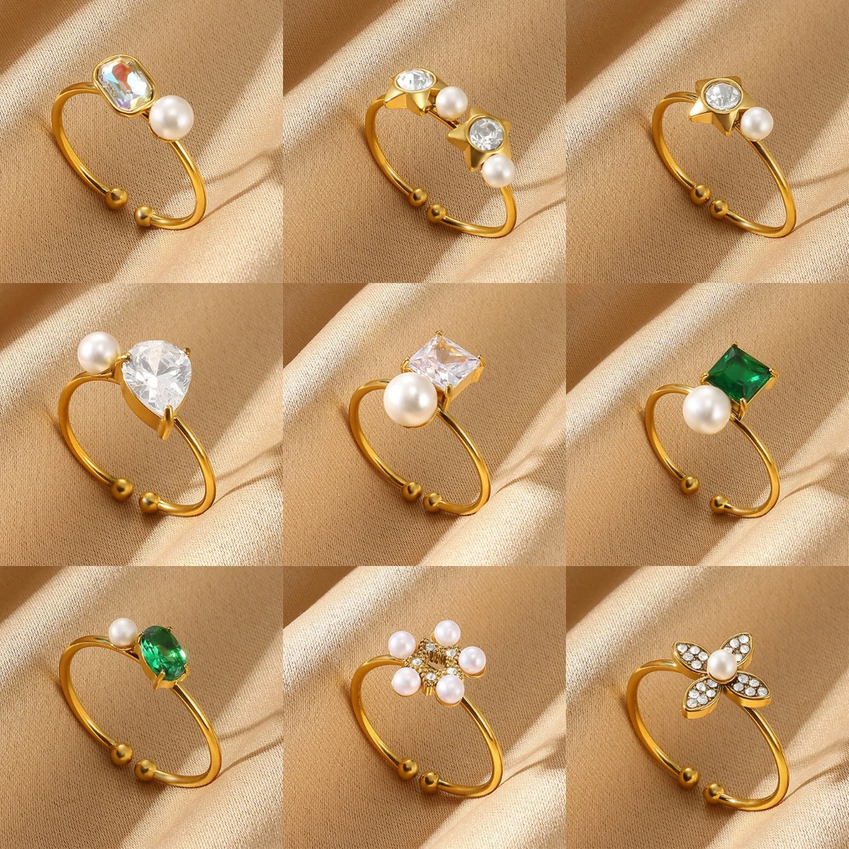 Mini bagues d'ouverture couleur or pour femmes, jolies bagues en zircone, Imitation de perles, fleur, en acier inoxydable, bijoux de proposition romantique