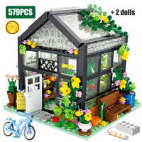 579pcs City Street View Creative House Flower Store Architecture Building Block Transparent Bricks LED Light Sets Toys for Girls