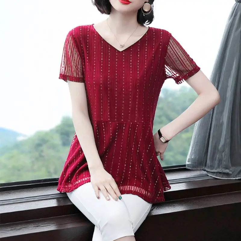 Women\'s Clothing Commute Solid Color Shirt Summer Short Sleeve Elegant V-Neck Spliced Casual Stylish Bright Silk Gauze Blouse