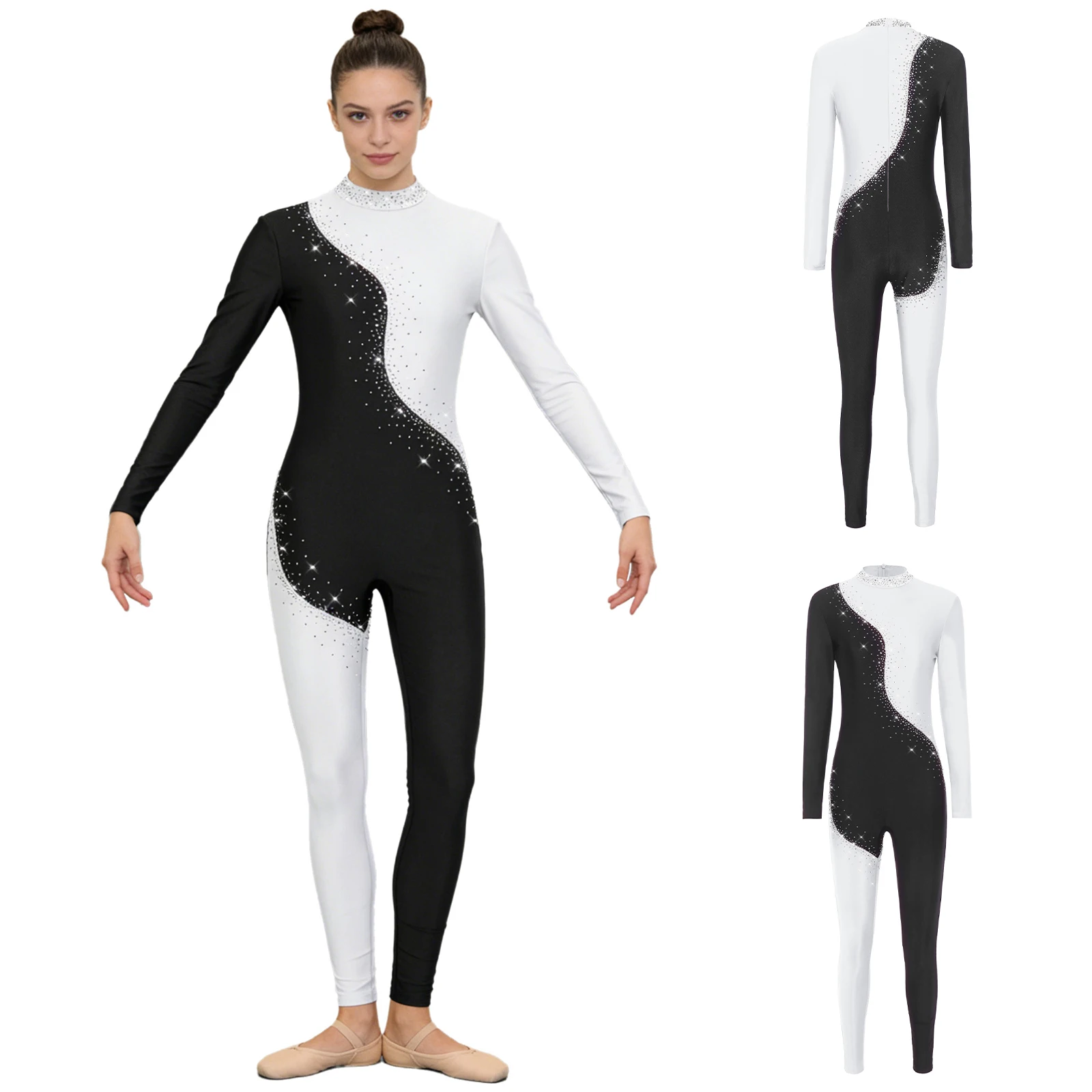 

Women Lyrical Gymnastic Ballet Dance Performance Jumpsuits Sequins Patchwork Slim Fit Bodysuit for Ballet Dance Figure Skating