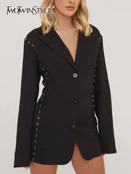 TWOTWINSTYLE Sólido Chic Túnica Blazer para mulheres gola entalhada manga longa retalhos de peito único streetwear blazers feminino