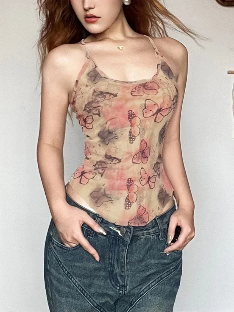 Sweet Summer Tops For Women Butterfly Print Y2k Accessories Sleeveless Casual Streetwear Clothing Sexy Fashion Outfits Camisole