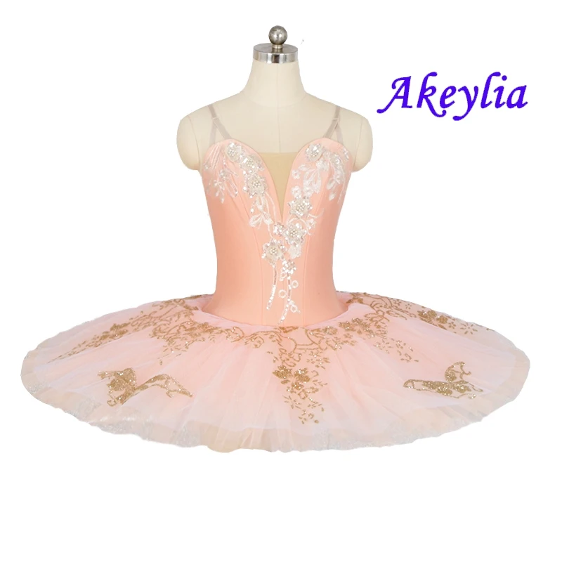 Akeylia girls Fairy doll tutu ballet peach pink gold Classical Group Dance performance Costume Ballet Tutu 7 layer 20099