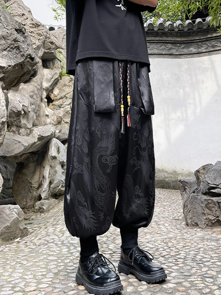 

Мужские летние повседневные брюки Харлан с рисунком дракона, шелковые брюки-фонарики из змеиной кожи, свободные длинные брюки, модная молодежная одежда
