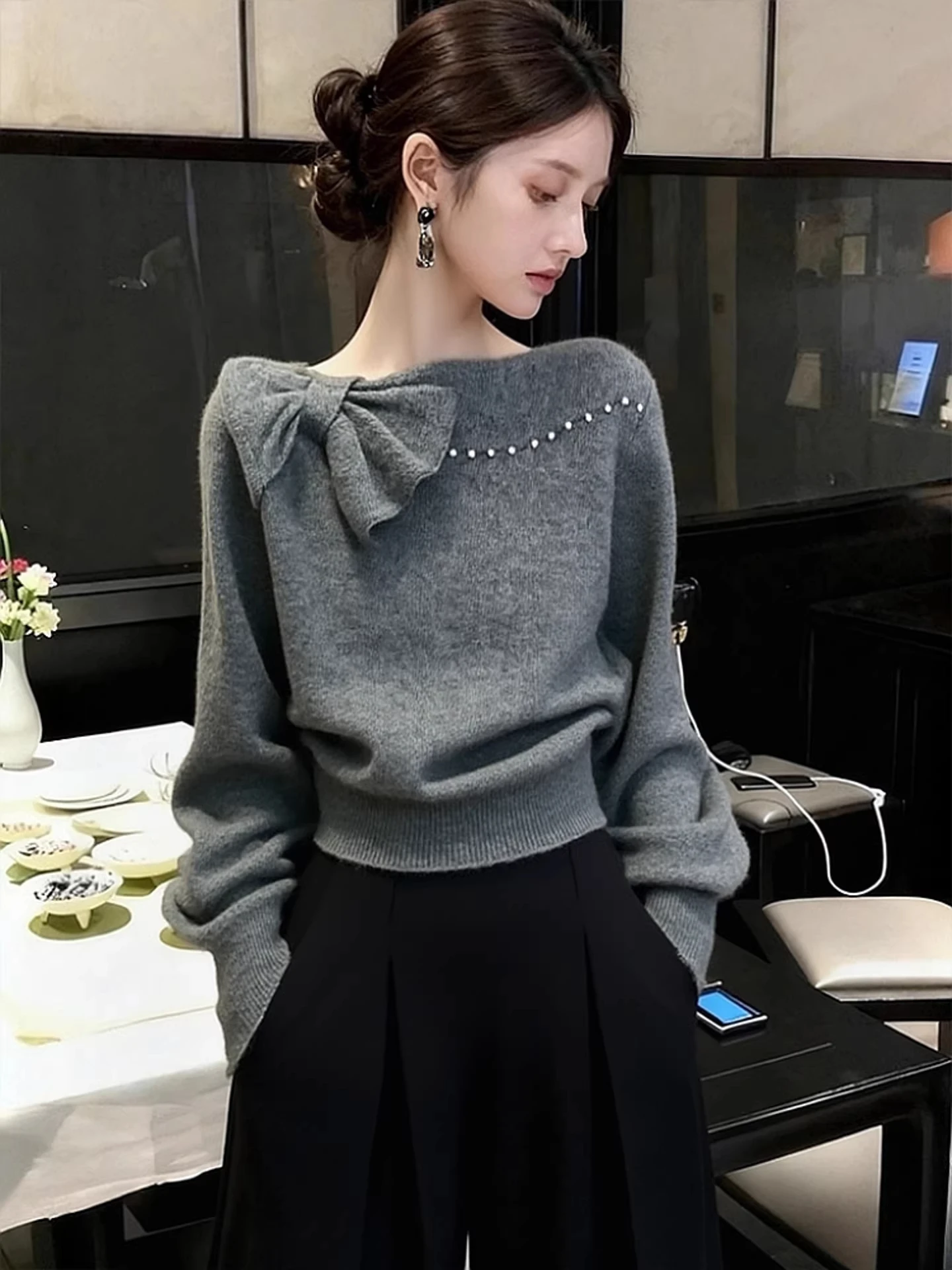 

Вязаный топ с открытыми плечами Ele ey для женщин, осенне-зимний, облегающий, с коротким рукавом, для ношения под одеждой, с узлами, теплый, уютный.