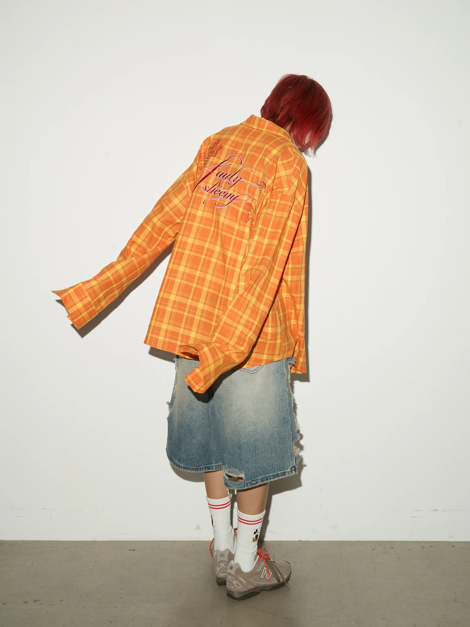 

MICHINNYON Vitali Orange American Embroidered Print Plaid Long Sve Loose Casual irt ex Breathable Cotton Polyester