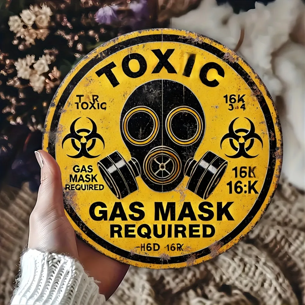 Vintage Gas Mask Metal Sign Toxic Hazard Warning Plaque for Garage Man Cave Bar Wall Decor