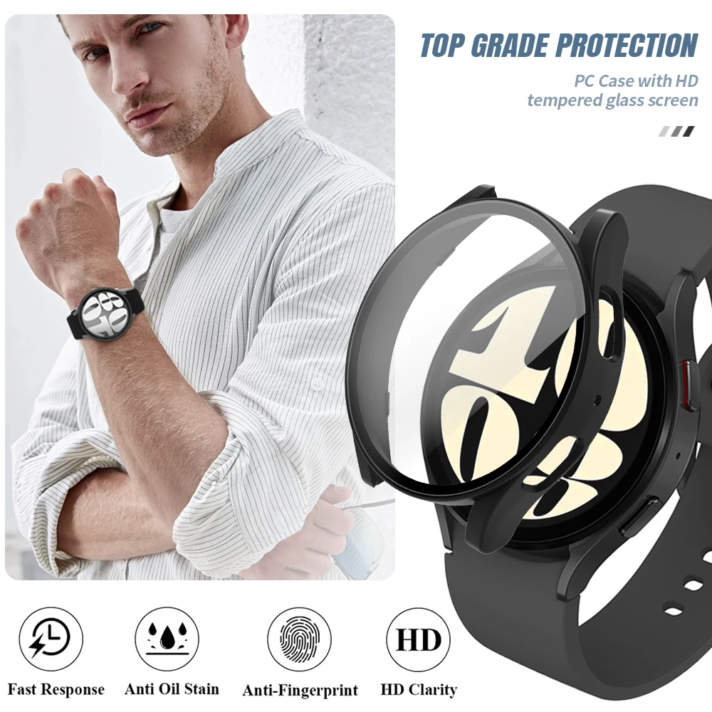 Glass+Case for Samsung Galaxy Watch 6 44mm 40mm Screen Protector PC All-Around Bumper for Galaxy Watch 6 Classic 43mm 47mm Cover