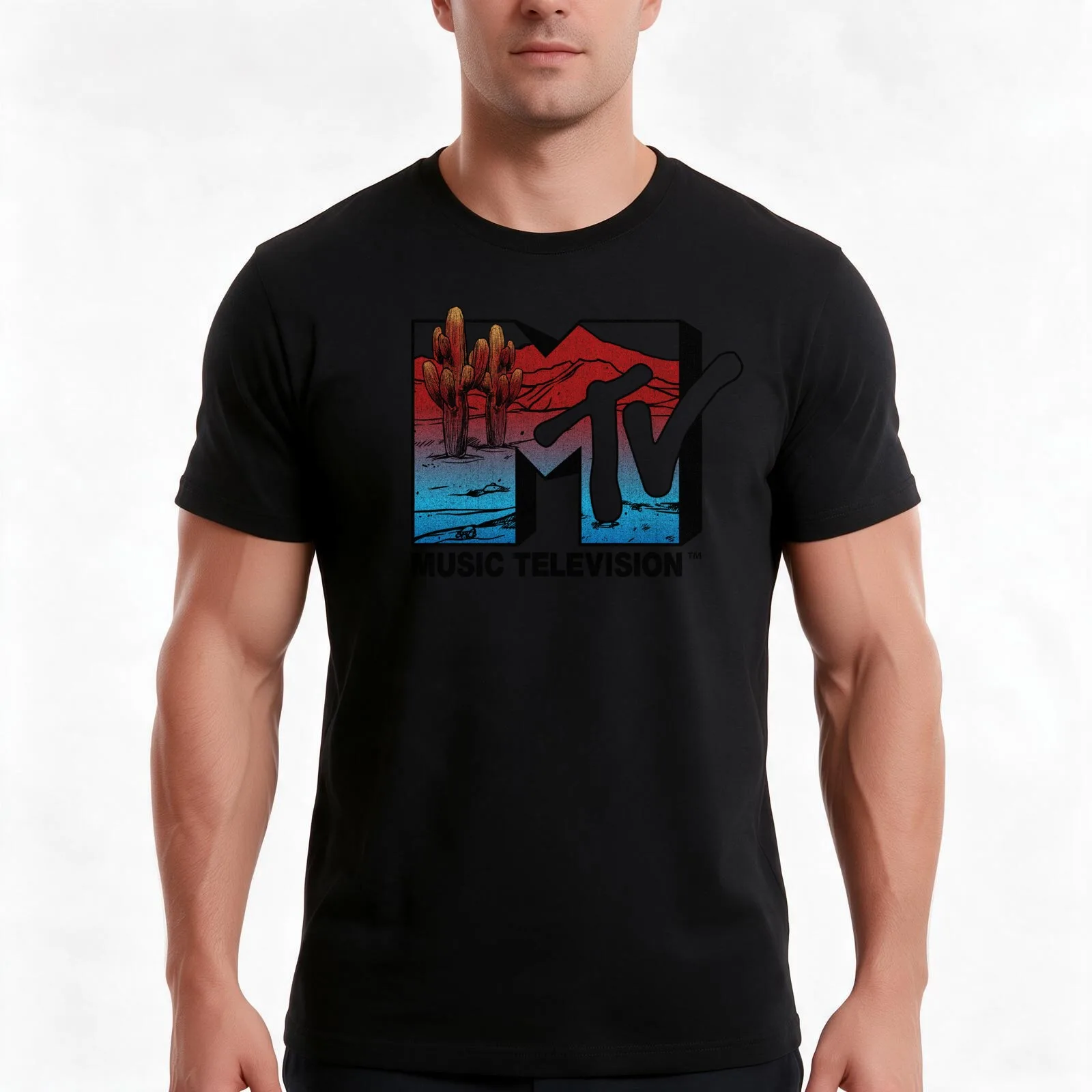 MTV Desert Sunset Landscape Logo T-Shirt, Summer Casual Cotton Tee, Oversized Streetwear Tops, Vintage Graphic Print