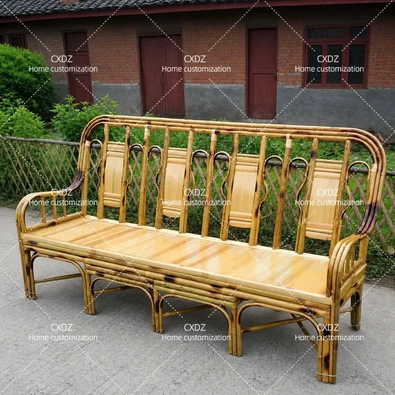 Retro Handmade Bamboo Chair Indoor Balcony Reclining Sofa 3 4 Person Bench Living Room Furniture