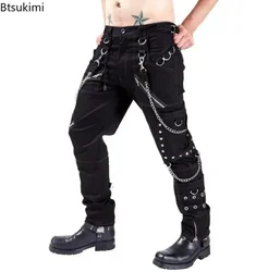 2024 Men's Hip Hop Rock Punk Gothic Pants Cotton Casual Pants Buckle Zip Chain Strap Trousers Men Streetwear Daily Cargo Pants