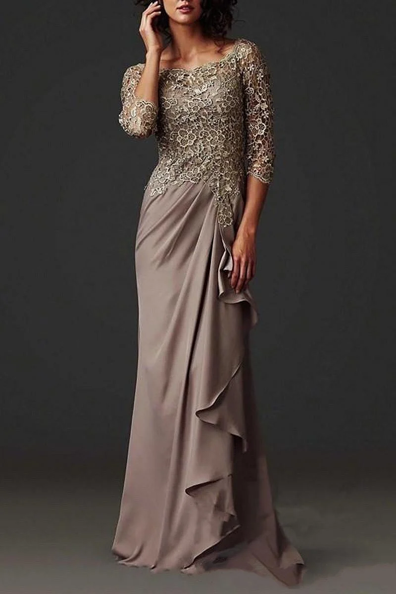 2023 Brown Mother Of The Bride Dresses D10 O-Neck 3/4 Sleeve Pleat Chiffon Appliqued Lace Formal Party Groom Mother Evening Gown