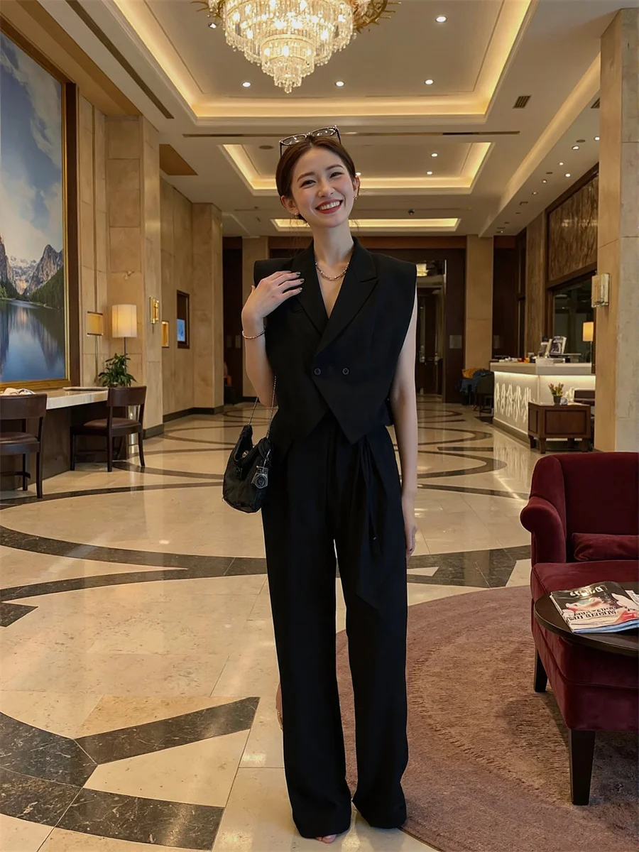 

Женские жилеты, жилеты, элегантный шикарный женский топ, осенний черный корейский стиль, вышитый узор, без рукавов, простые женские современные