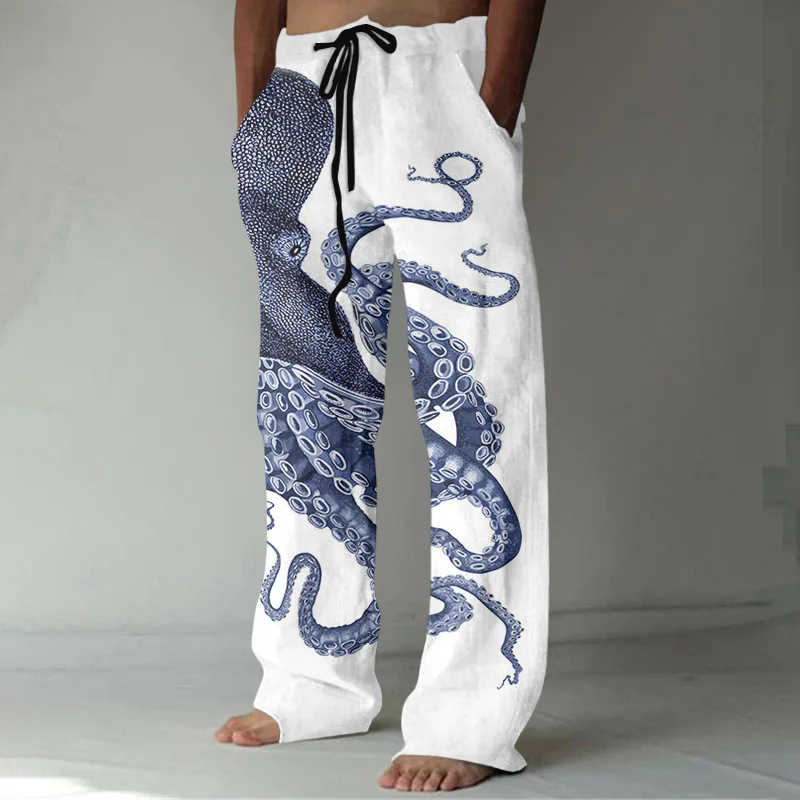 New Spring And Autumn Linen Wide Leg Pants Octopus 3D Trend Print Men\'s Large Size Loose Casual Straight Leg Pants Wide-leg Pant