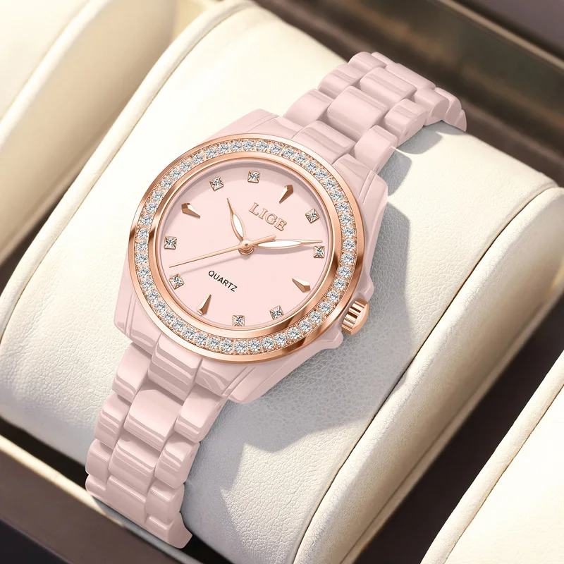 LIGE الفاخرة الوردي امرأة ساعة مقاوم للماء موضة كوارتز السيدات ساعة اليد الماس الهاتفي كامل السيراميك المرأة الساعات Relojs + صندوق #2