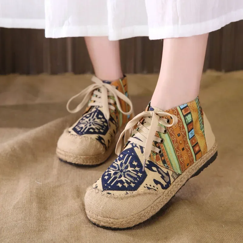 Women Shoes Boho Cotton Linen Canvas Single National Woven Round Toe Lace Up Cloth Shoes Woman Flats