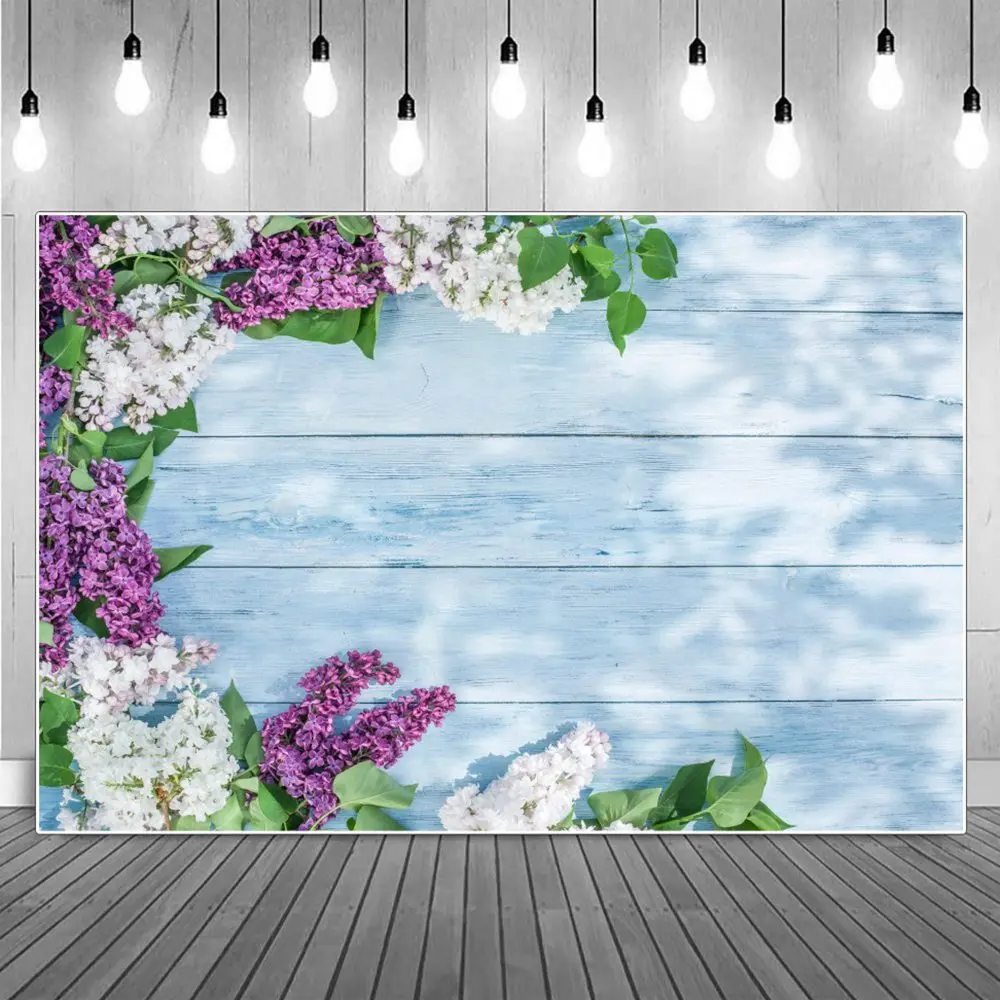 Tablón de madera azul Jacinto flores primavera fotografía telones de fondo Banner personalizado sombra de luz blanco púrpura FONDO DE foto Floral