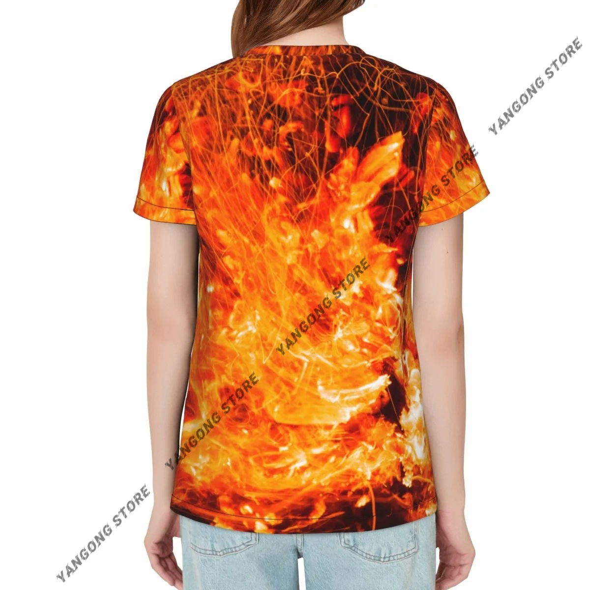 Casual Summer Woman Skinny Fit T-shirt Tight Short-Sleeve O-neck Tee Basic Abstract Burning Fire With Sparks T Shirt