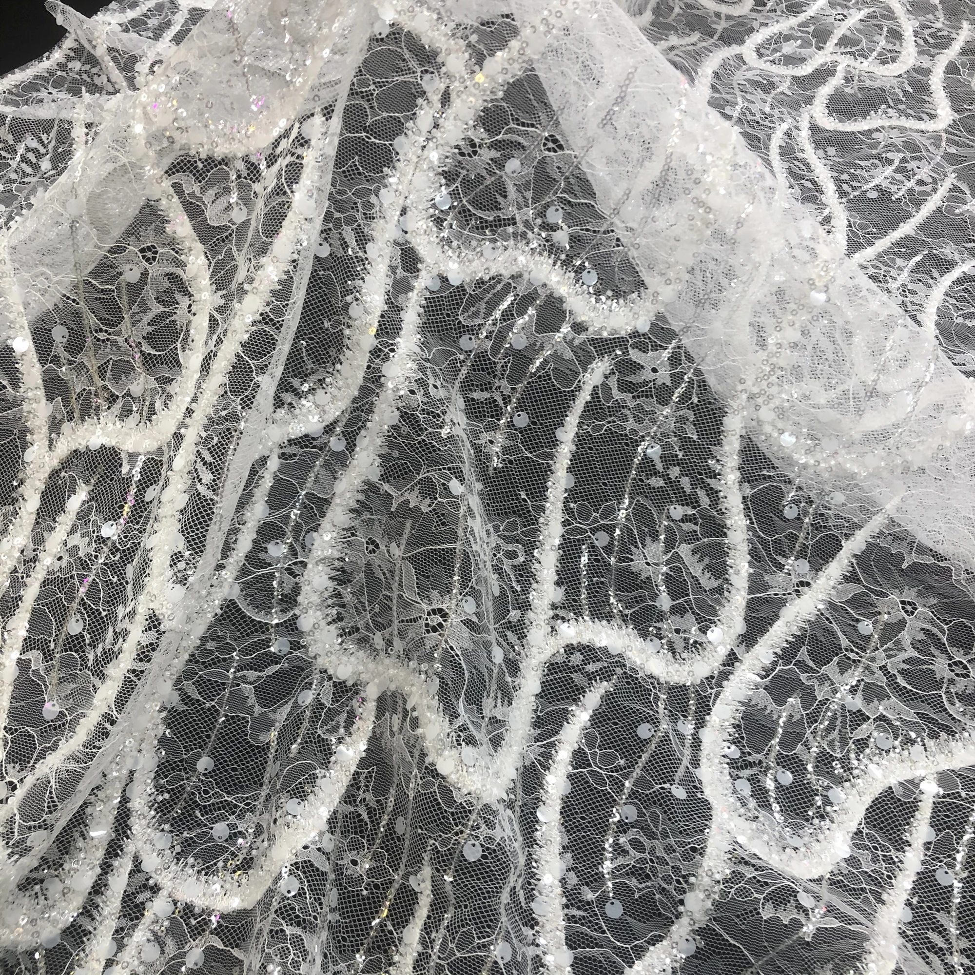 Delicate Wave Pattern Rayon Sequins Beads French Lace Embroidery, Custom Wedding Evening Dress Lace Fabric