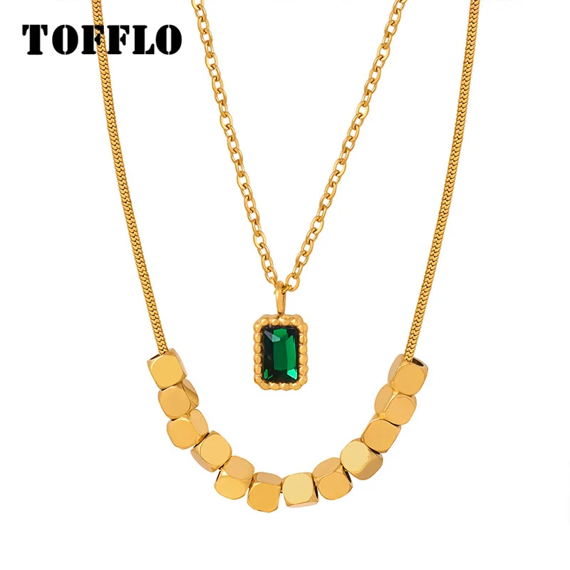 

TOFFLO Stainless Steel Jewelry Double Layered Lace Square Plaque Inlaid With Zircon Small Square Pendant Beaded Necklace BSP1757