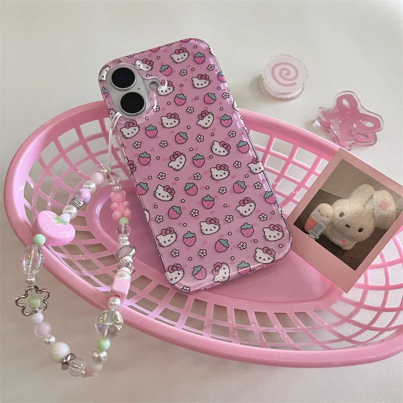 

Cute Strawberry Cartoon Hello Kitty Bling Glitte Phone Case For iPhone 13 14 15 16Pro Max 3D Flower KT Wrist Strap Protect Cover