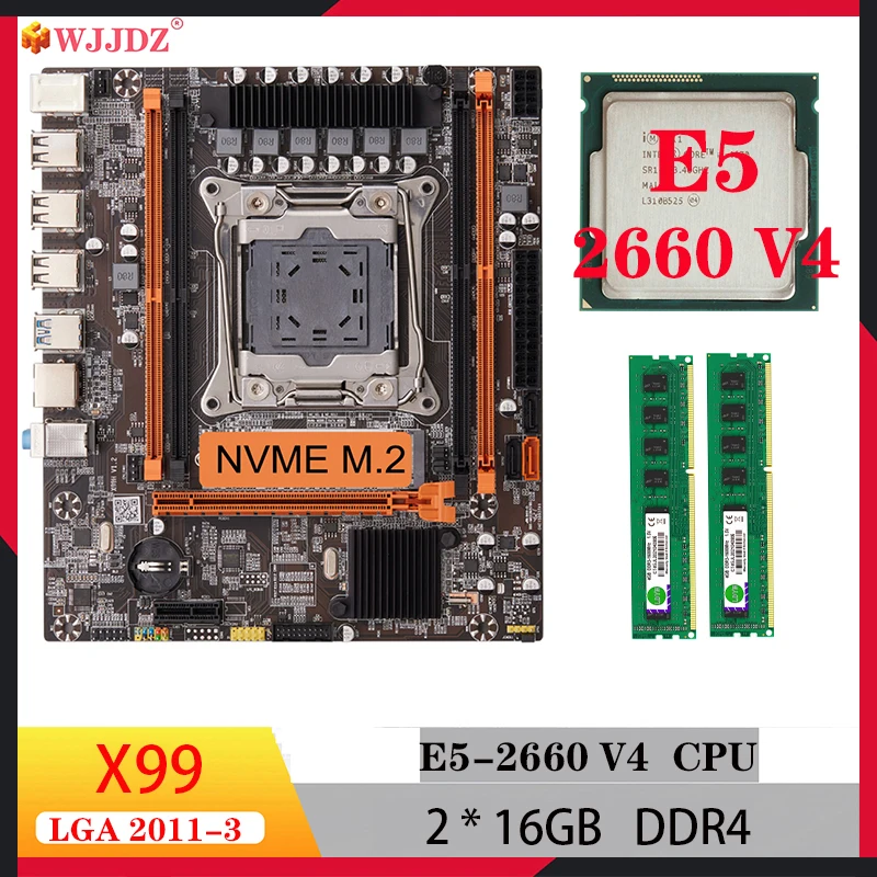 

Wjjdz Комплект материнской платы xeon e5 2660 V4 X99 H4 Intel 2660V4 с 2 материнскими платами по 16 ГБ, набор процессоров с комбинированной оперативной памятью 2133 МГц, память ddr4 для игр