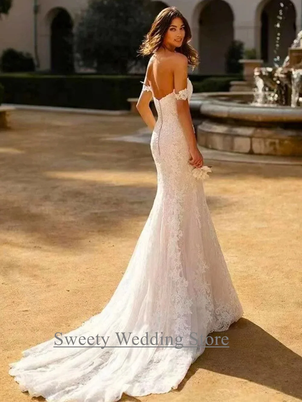 Vestidos de novia elegantes de sirena personalizados con hombros descubiertos, cuello en V, Apliques de encaje, tren de barrido, Vestido de novia sin espalda