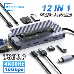 12-IN-1 USB Hub Hard Disk Enclosure Docking Statio M.2 NVMe SATA SSD Dual Protocol Type C to HDMI 4K60Hz Adapter For Macbook Pro