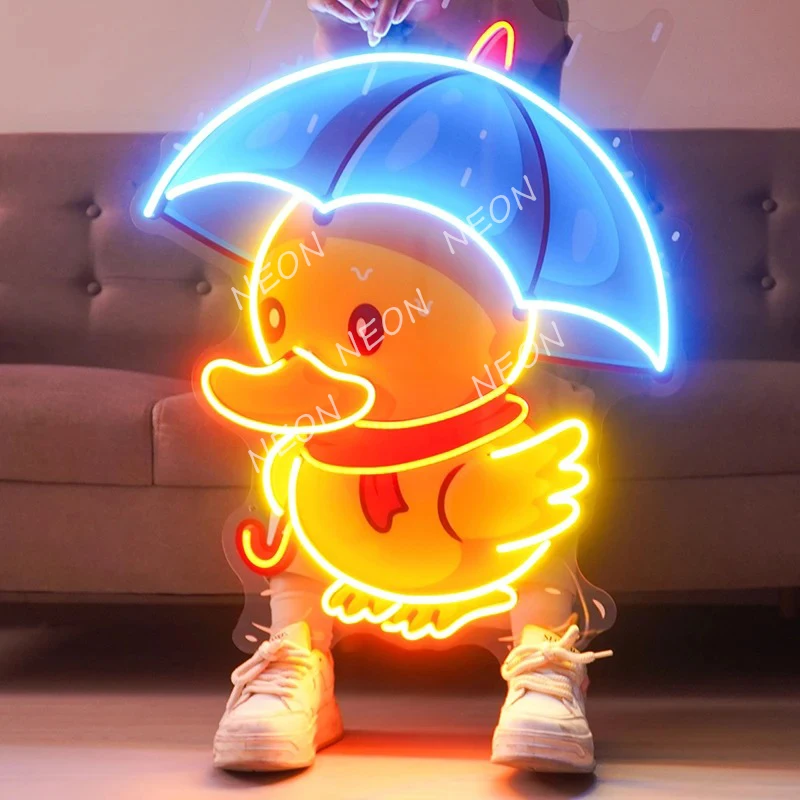 Cute Duck Holding Umbrella Light Sign UV Print Acrylic Signs Neon Artwork Bedroom Living Room Wall Art Neon Lights Gift for Kids