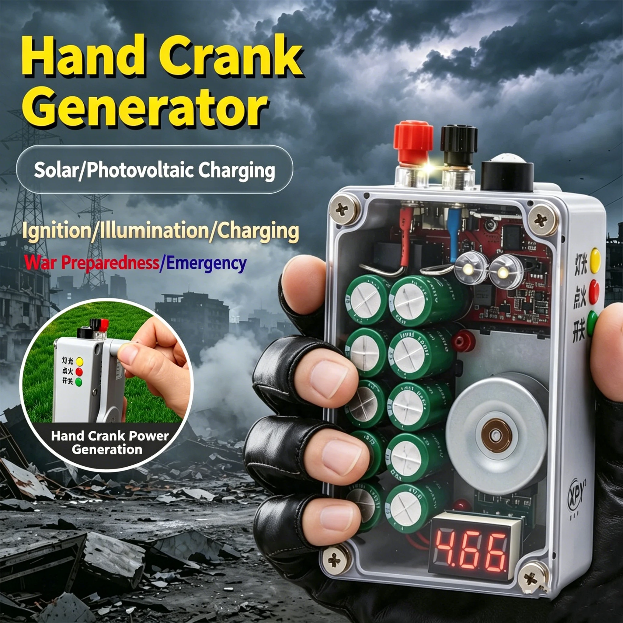 Emergency Hand Crank Generator EDC Gadget Plasma Lighter Flashlight Solar USB Charging, Outdoor Survival Gear for Camping Hiking