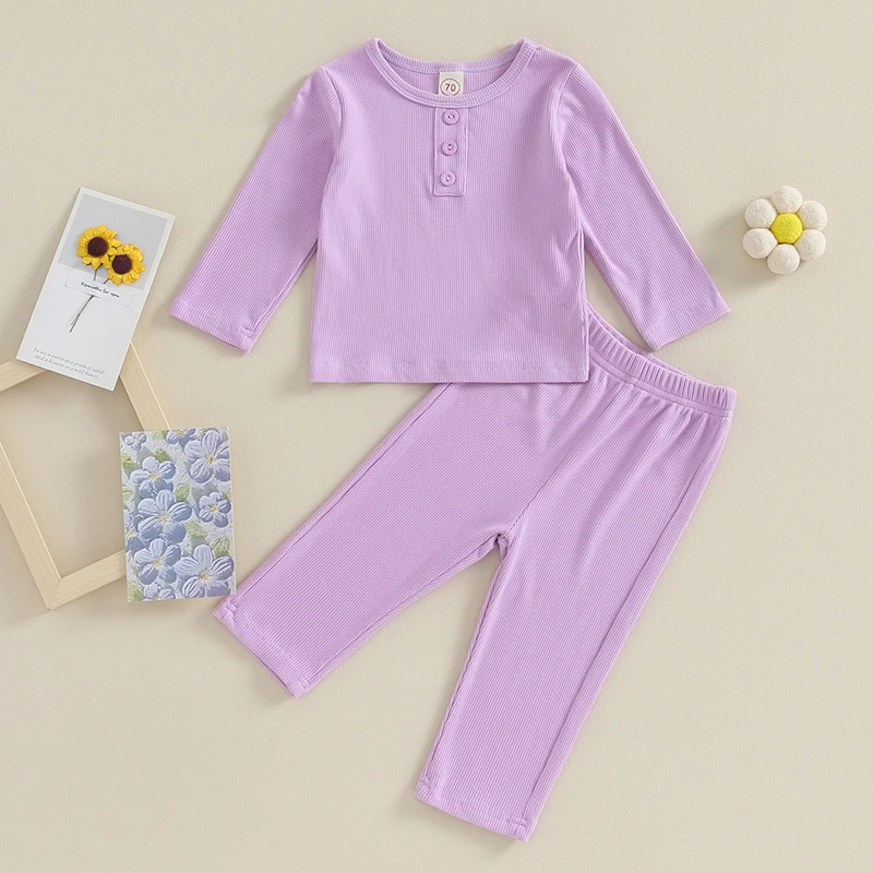 Louatui Toddler Baby Fall Clothes Solid Color Ribbed Long Sleeve Round Neck Button Tops Pants Set 2Pcs Outfit