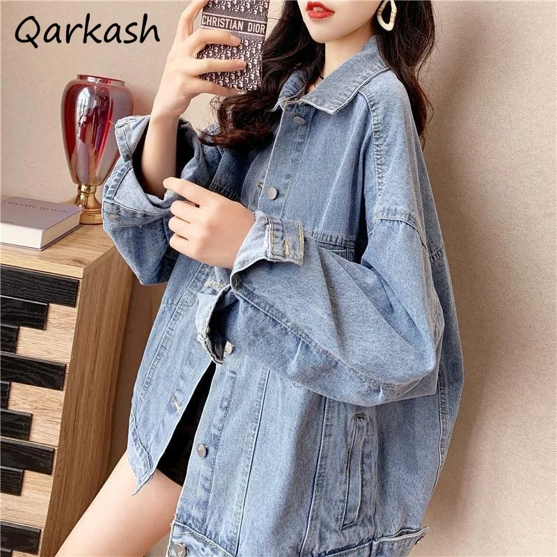 

Denim Jackets Women Long Sleeve Turn Down Collar Single Breasted Vintage Korean Style Outerwear Autumn New Fashion Coats Street