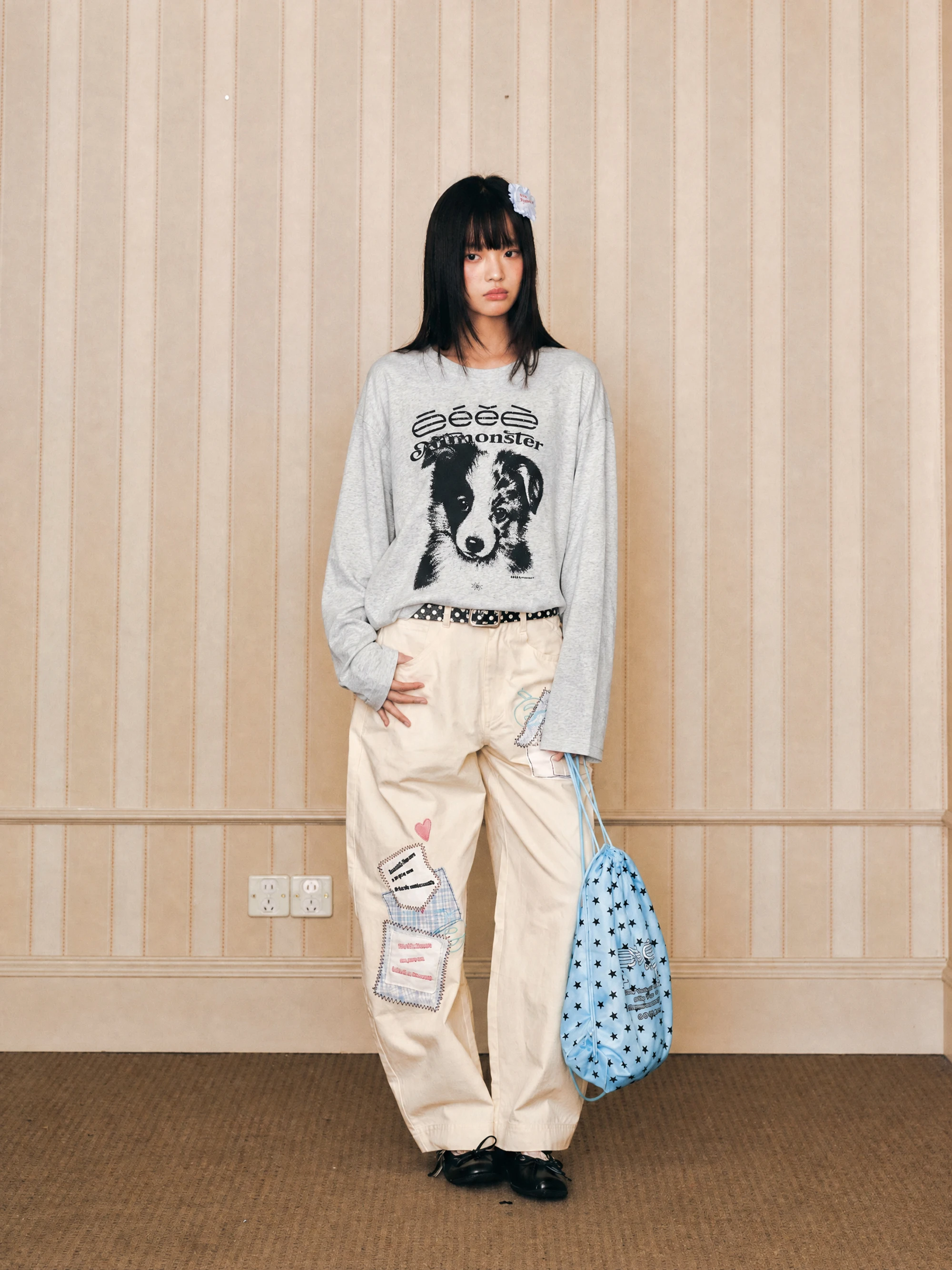 Loose Long Sleeve T-Shirt 'Border Collie Baby' Retro Print Base Layer Shirt Unisex Standard Fit round Neck Casual Comfortable